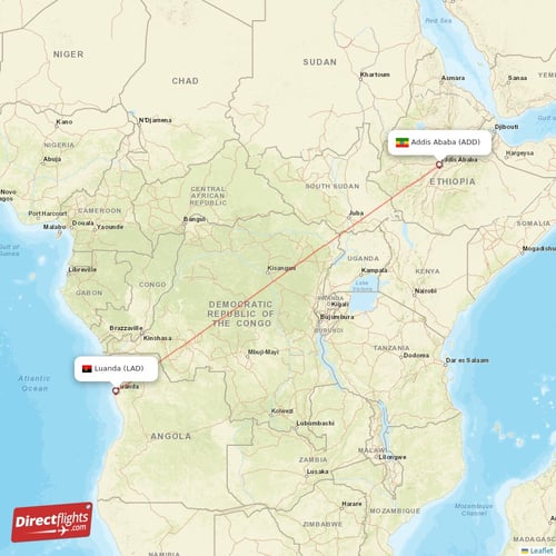 Addis Ababa - Luanda direct flight map