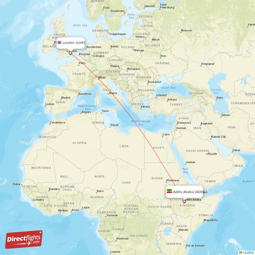 Addis Ababa - London direct flight map