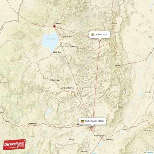 Addis Ababa - Lalibela direct flight map