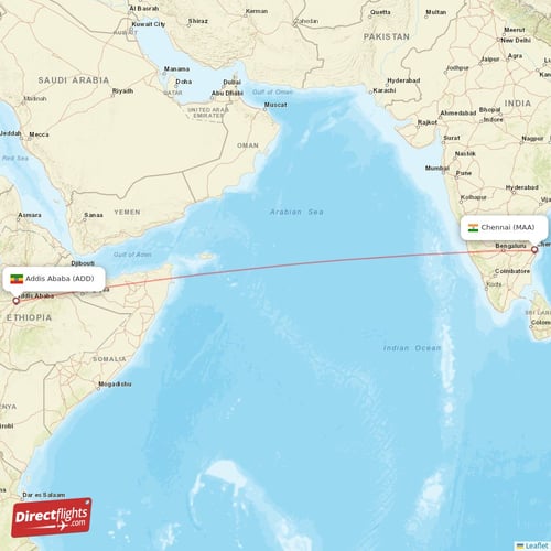 Addis Ababa - Chennai direct flight map