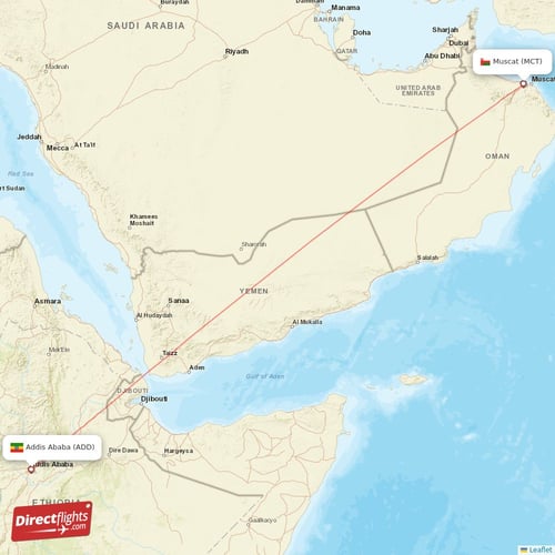 Addis Ababa - Muscat direct flight map