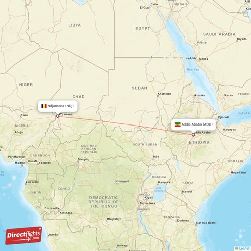 Addis Ababa - Ndjamena direct flight map