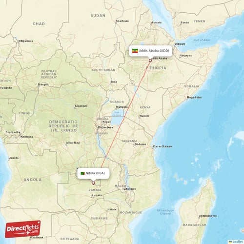 Addis Ababa - Ndola direct flight map