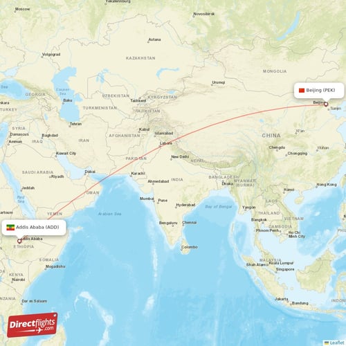 Addis Ababa - Beijing direct flight map