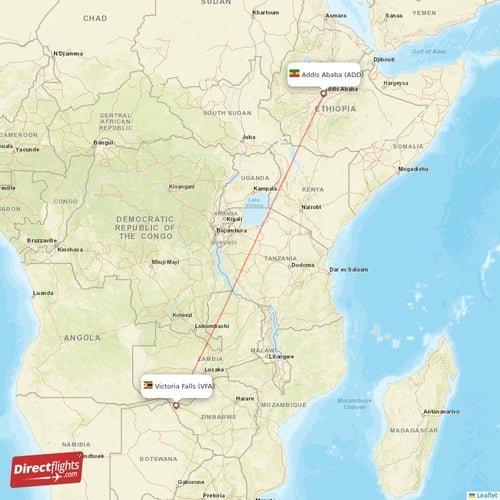 Addis Ababa - Victoria Falls direct flight map