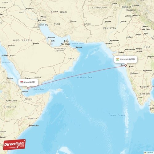 Aden - Mumbai direct flight map