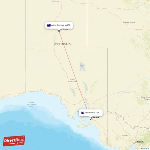 Adelaide - Alice Springs direct flight map