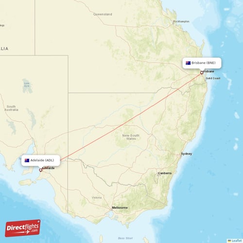 Adelaide - Brisbane direct flight map