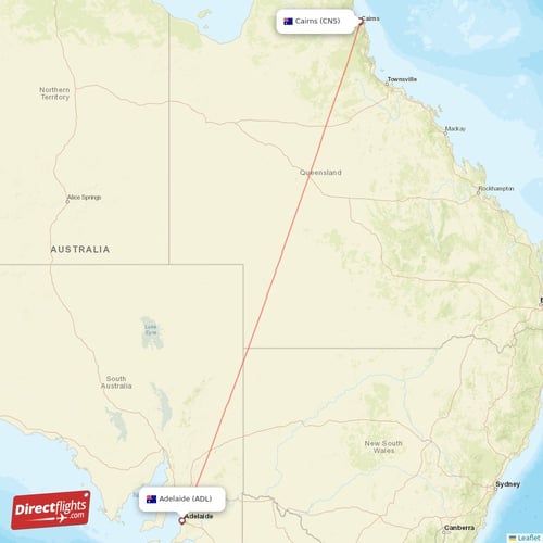Adelaide - Cairns direct flight map