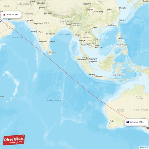 Adelaide - Doha direct flight map