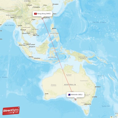 Adelaide - Hong Kong direct flight map