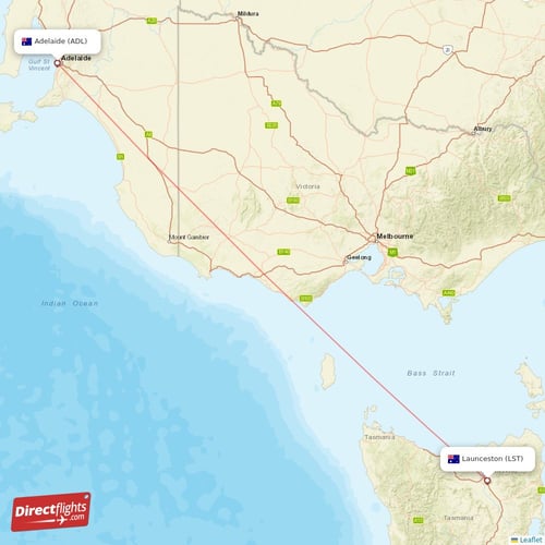 Adelaide - Launceston direct flight map