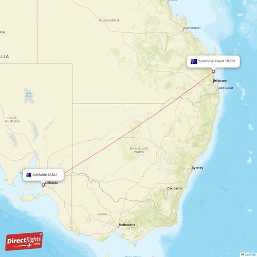 Adelaide - Sunshine Coast direct flight map