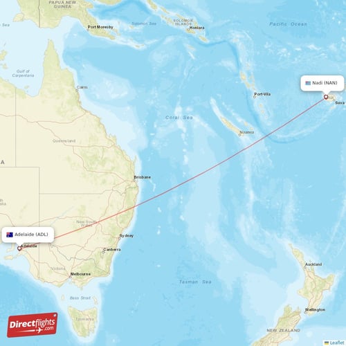 Adelaide - Nadi direct flight map