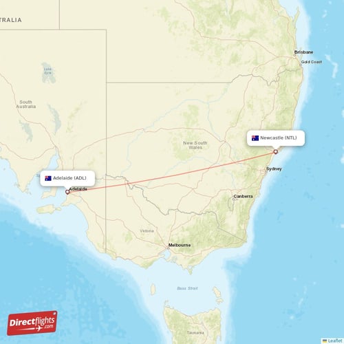 Adelaide - Newcastle direct flight map