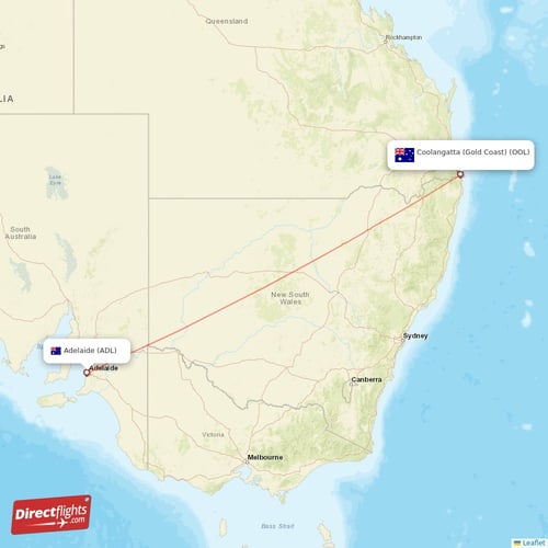 Adelaide - Coolangatta (Gold Coast) direct flight map