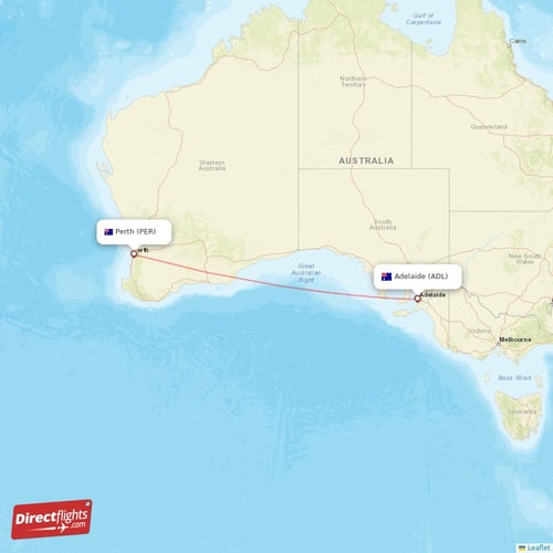 Adelaide - Perth direct flight map