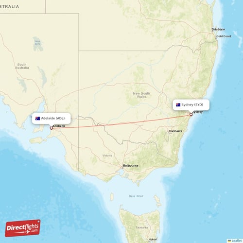 Adelaide - Sydney direct flight map