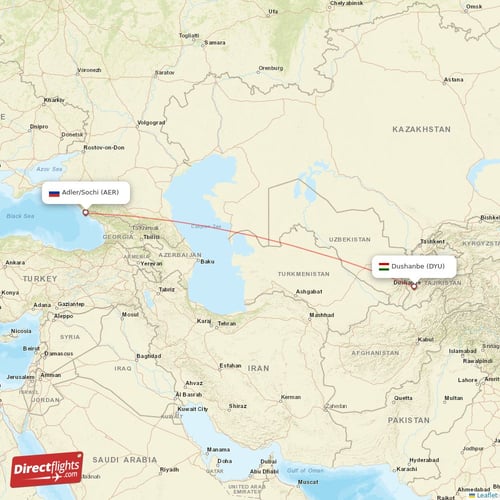 Adler/Sochi - Dushanbe direct flight map