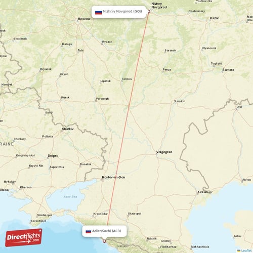 Adler/Sochi - Nizhniy Novgorod direct flight map