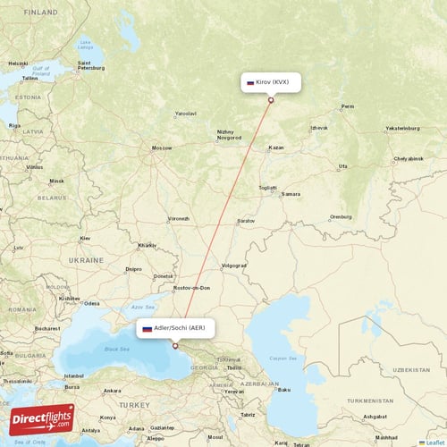 Adler/Sochi - Kirov direct flight map