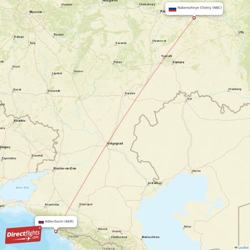 Adler/Sochi - Naberezhnye Chelny direct flight map