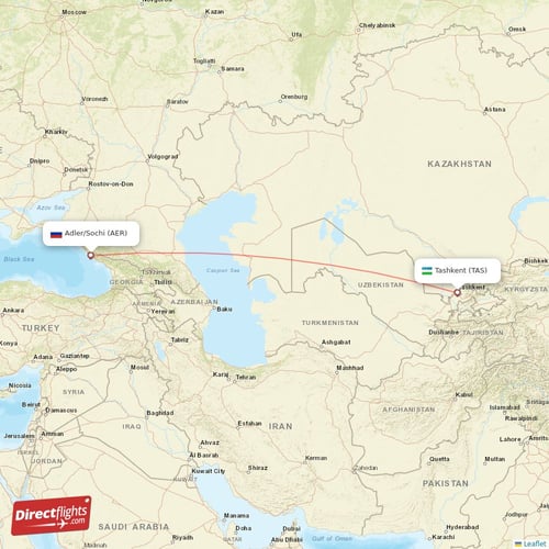 Adler/Sochi - Tashkent direct flight map