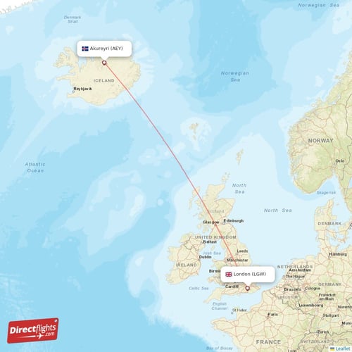 Akureyri - London direct flight map