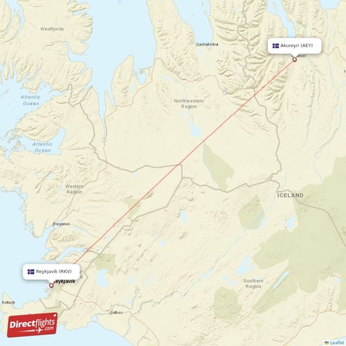 Akureyri - Reykjavik direct flight map