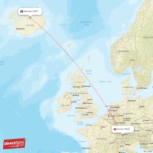 Akureyri - Zurich direct flight map