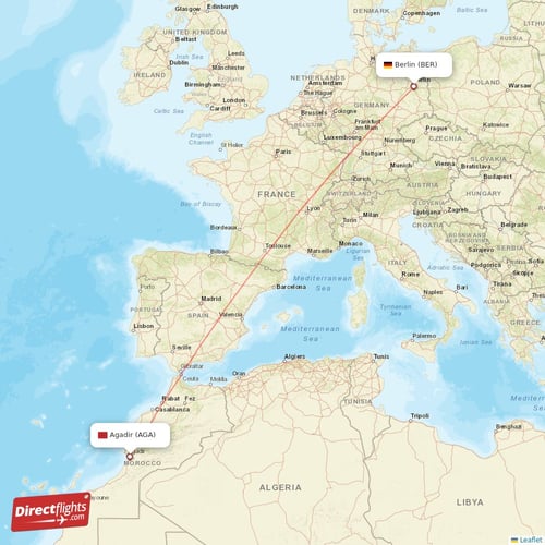 Agadir - Berlin direct flight map