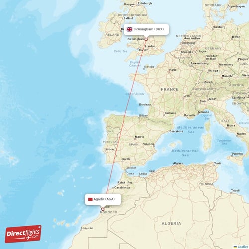 Agadir - Birmingham direct flight map