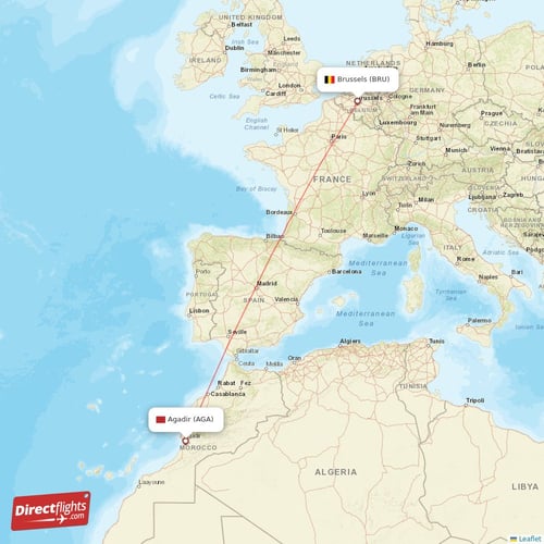 Agadir - Brussels direct flight map