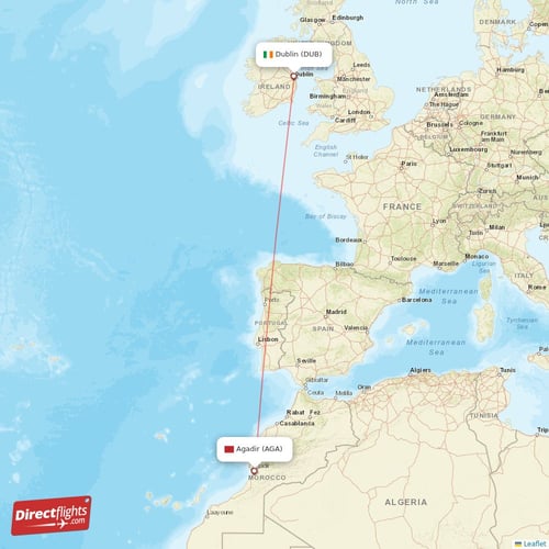 Agadir - Dublin direct flight map