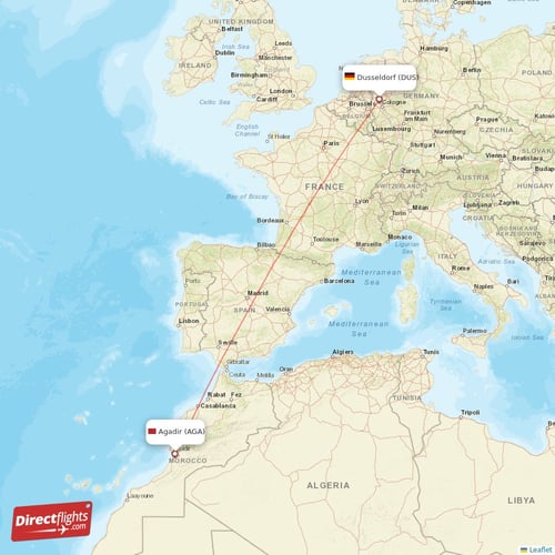 Agadir - Dusseldorf direct flight map