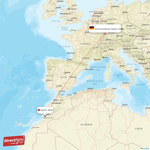 Agadir - Karlsruhe/Baden-Baden direct flight map