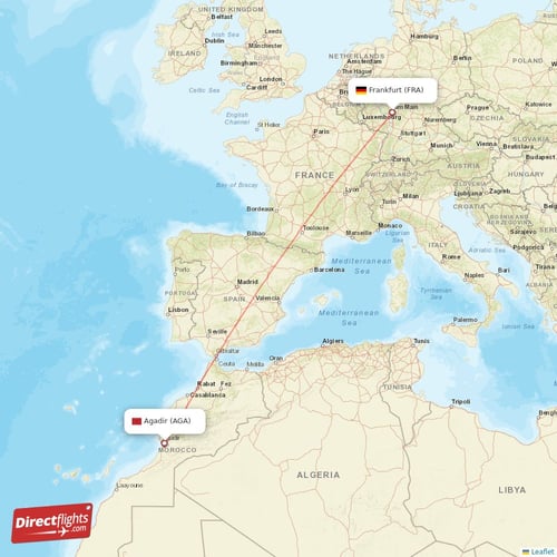 Agadir - Frankfurt direct flight map