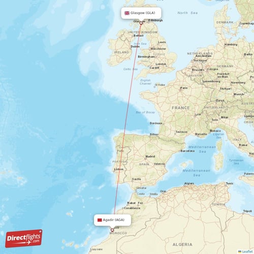 Agadir - Glasgow direct flight map