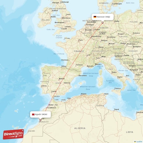 Agadir - Hanover direct flight map