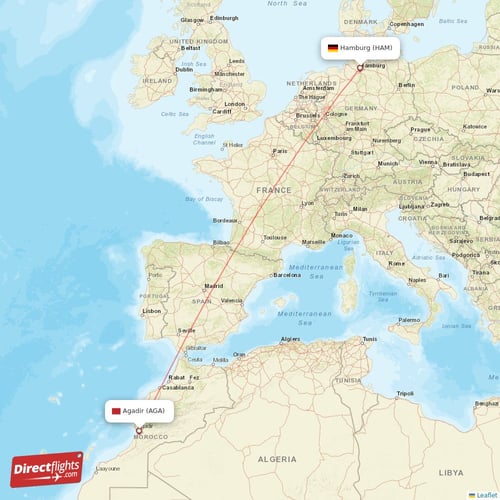 Agadir - Hamburg direct flight map