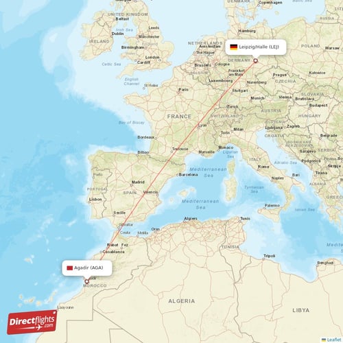 Agadir - Leipzig/Halle direct flight map