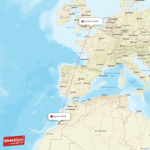 Agadir - London direct flight map