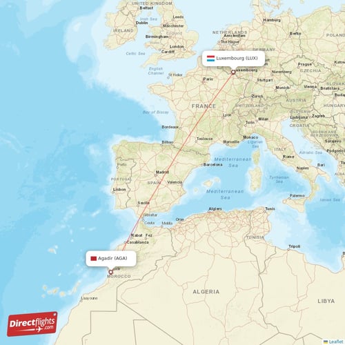 Agadir - Luxembourg direct flight map