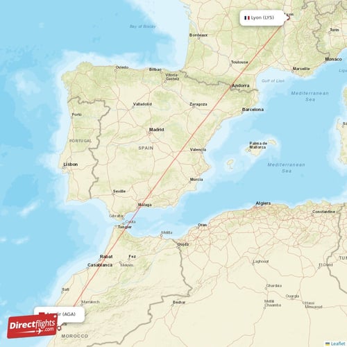 Agadir - Lyon direct flight map