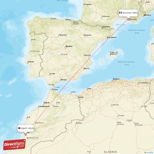 Agadir - Marseille direct flight map