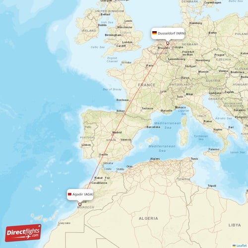 Agadir - Dusseldorf direct flight map