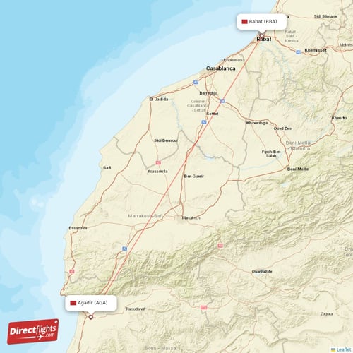 Agadir - Rabat direct flight map