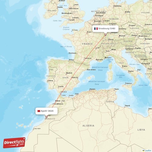 Agadir - Strasbourg direct flight map