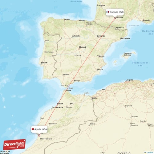 Agadir - Toulouse direct flight map