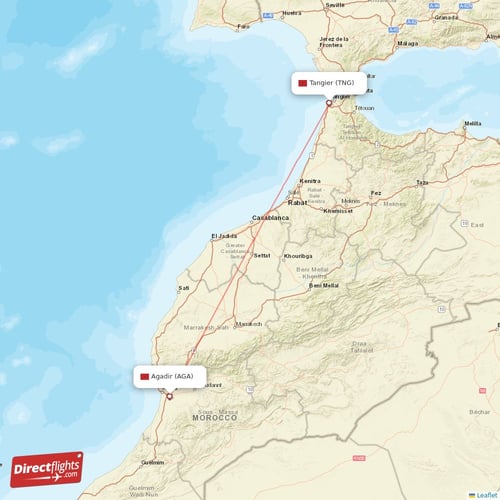 Agadir - Tangier direct flight map